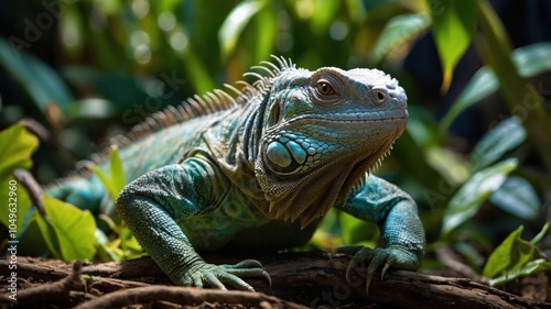 A vibrant green iguana resting among foliage in a natural setting.