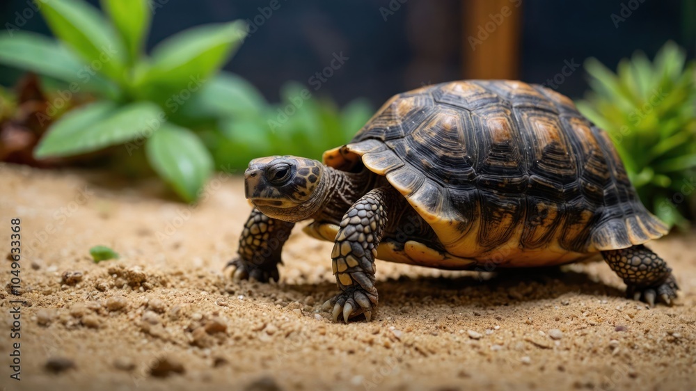 A tortoise walking on sandy terrain surrounded by green plants. A tortoise walking on sandy terrain surrounded by green plants.