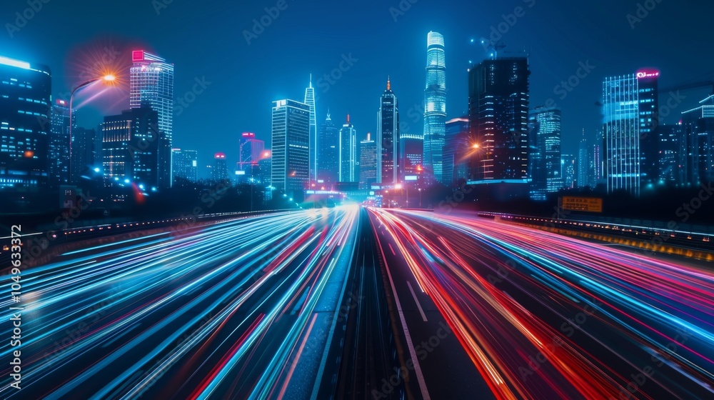 Fototapeta premium road in city with skyscrapers and car traffic light trails. infrastructure and transportation background