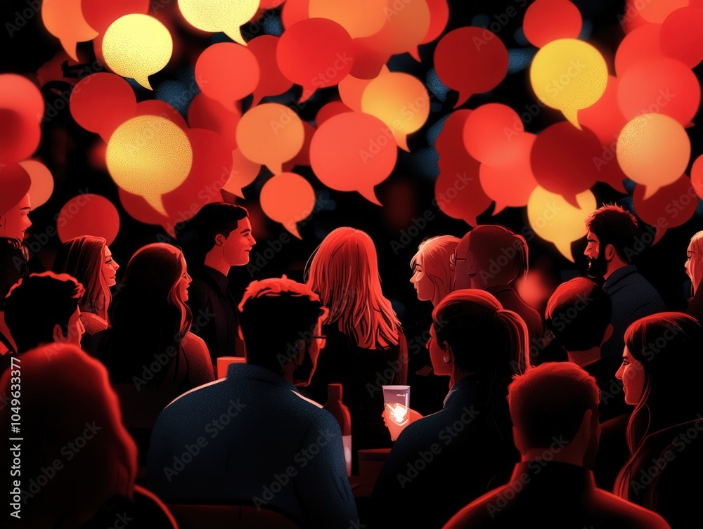 Obraz premium Engaging Conversations in a Vibrant Social Setting with Colorful Speech Bubbles