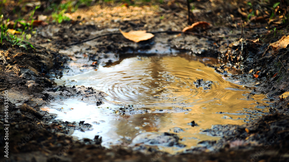 Fototapeta premium A small puddle of water in the dirt with ripples.