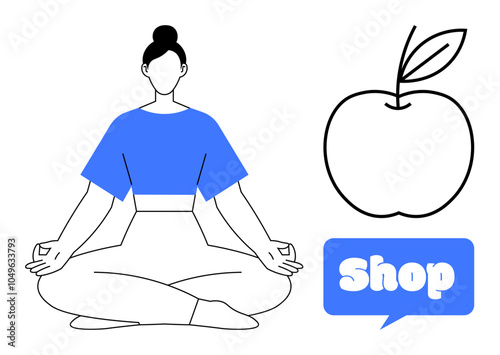 Woman in meditation pose with a blue outfit to convey tranquility. An apple symbol and a shop sign suggest health and well-being. Ideal for wellness, mindfulness, healthy lifestyle, online shopping