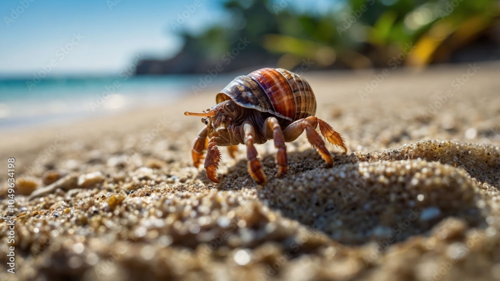 A hermit crab on a sandy beach, highlighting coastal wildlife and natural beauty. A hermit crab on a sandy beach, highlighting coastal wildlife and natural beauty.