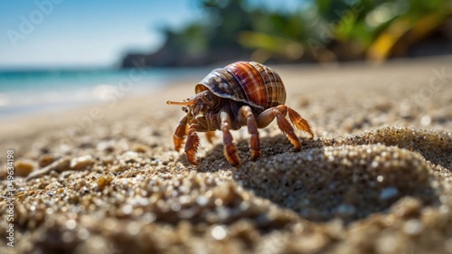 A hermit crab on a sandy beach, highlighting coastal wildlife and natural beauty.