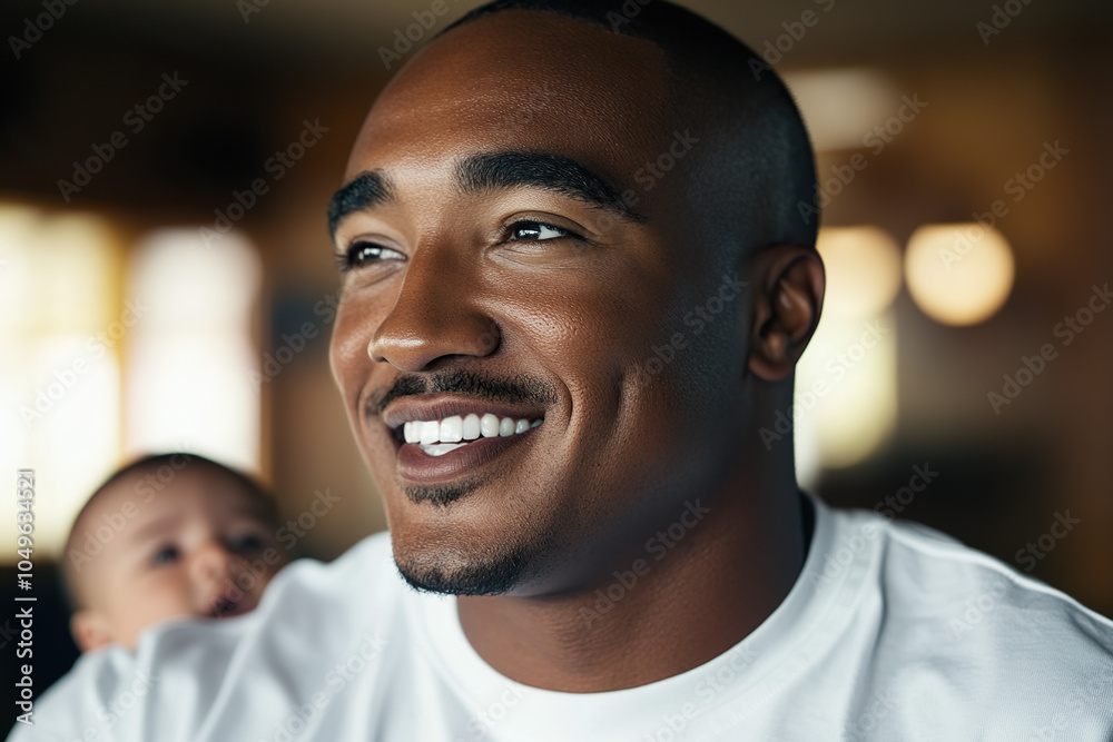 Close-Up of a Smiling Black Father Watching His Newborn Baby in a Studio Setting – Heartwarming Expression with Blurred Background and Copy Space for Text, Captured in 8K Resolution Close-Up of a Smiling Black Father Watching His Newborn Baby in a Studio Setting – Heartwarming Expression with Blurred Background and Copy Space for Text, Captured in 8K Resolution