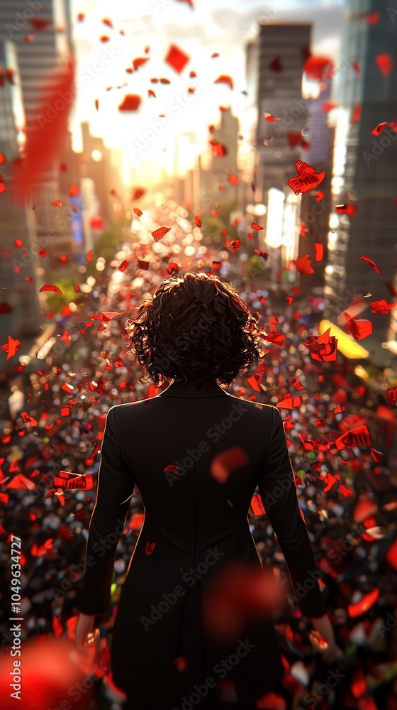 Obraz premium A Powerful Woman Overlooking a Sea of Red Petals at Sunset Amidst a Crowded Cityscape