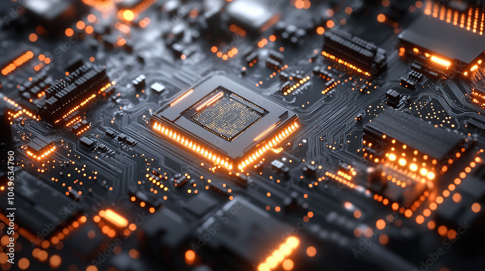 Close-up of a glowing microchip on a circuit board, with a chip in the middle Close-up of a glowing microchip on a circuit board, with a chip in the middle