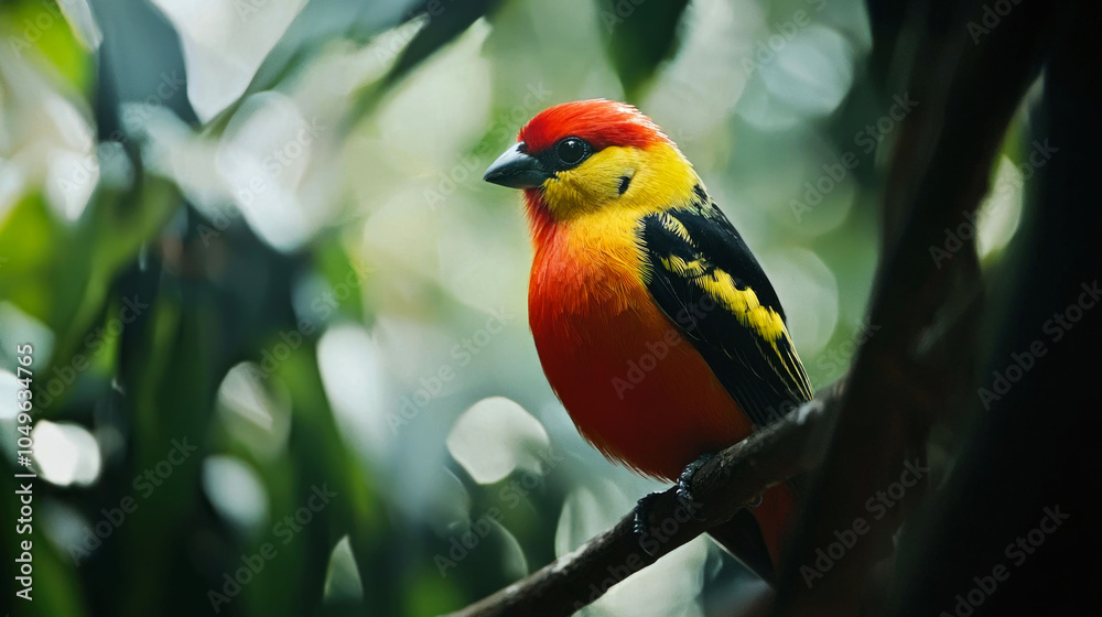 Obraz premium A small, colorful bird with red, yellow, and black feathers perches on a branch in a lush green forest.