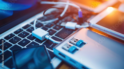 Close-Up of a Modern, Sleek USB Hub with Multiple Ports Connected to Devices, Set Against a Blurred Background of Electronic Gadgets – Illuminated by Soft Natural Light Highlighting Design and Functio photo