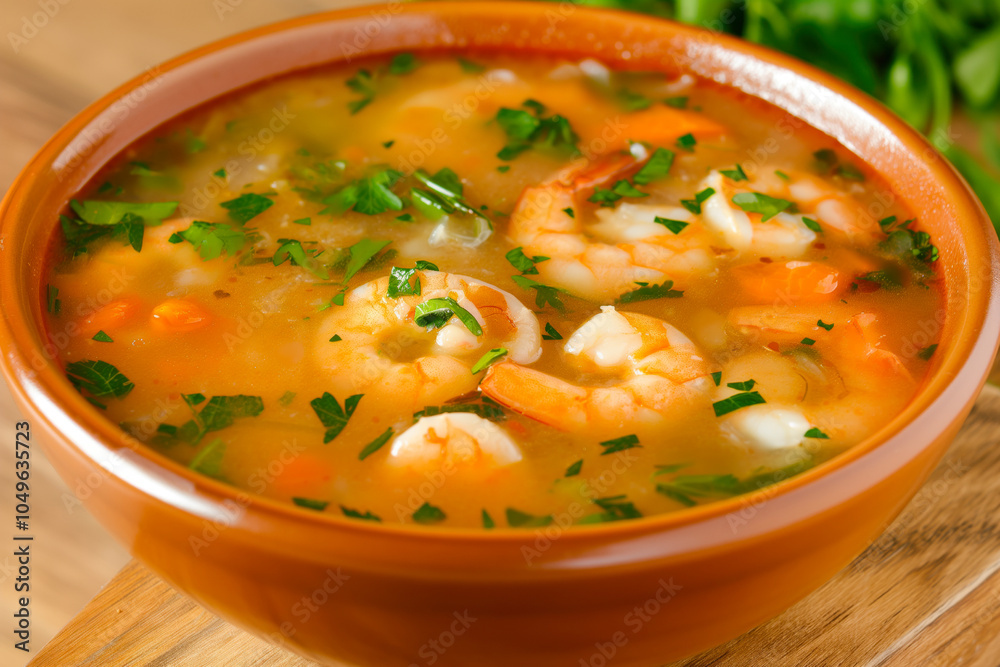 Delicious shrimp soup garnished with fresh parsley in rustic bowl Delicious shrimp soup garnished with fresh parsley in rustic bowl