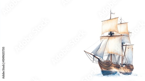 Vintage sailing ship with billowing sails on a white isolated background.