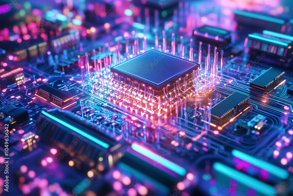 Obraz premium This depiction showcases quantum computing elements glowing and interacting on a microchip with vibrant colors
