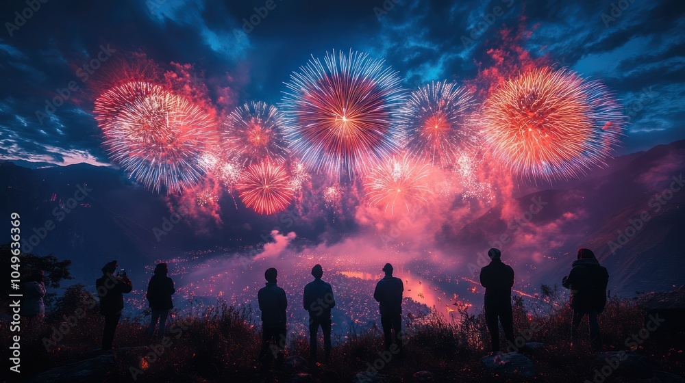 Silhouetted figures watch a spectacular fireworks display over a city at night. Silhouetted figures watch a spectacular fireworks display over a city at night.