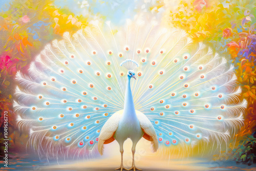 oil painting, clipart. White peacock showing its beautiful tail feathers in dreamy garden photo