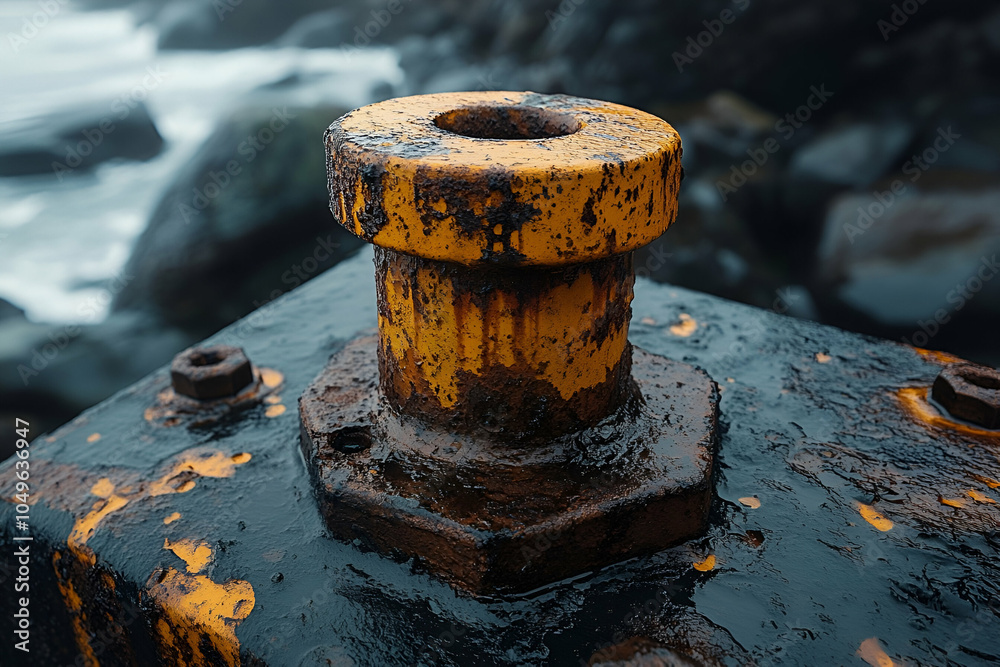 Close-up of a rusty yellow mooring bollard on a weathered surface, set against a blurred coastal background. Close-up of a rusty yellow mooring bollard on a weathered surface, set against a blurred coastal background.