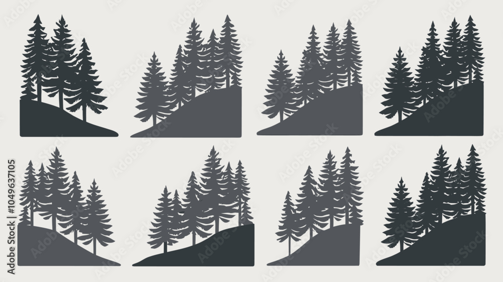 Obraz premium Stylized Nature Silhouettes Collection: Forests, Waves, Waterfalls, Mountains, Islands, Glaciers, and More for Minimalist Designs