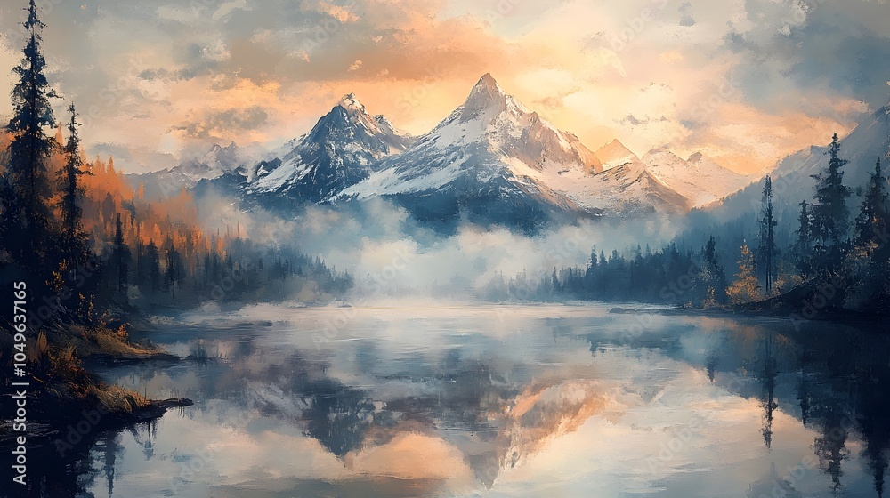 Majestic Snow Capped Mountains Reflected in a Serene Dawn Lake Landscape Majestic Snow Capped Mountains Reflected in a Serene Dawn Lake Landscape
