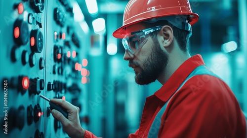 Mechanical engineer adjusting a pneumatic system on a large industrial machine, bright factory lights, closeup of tools photo