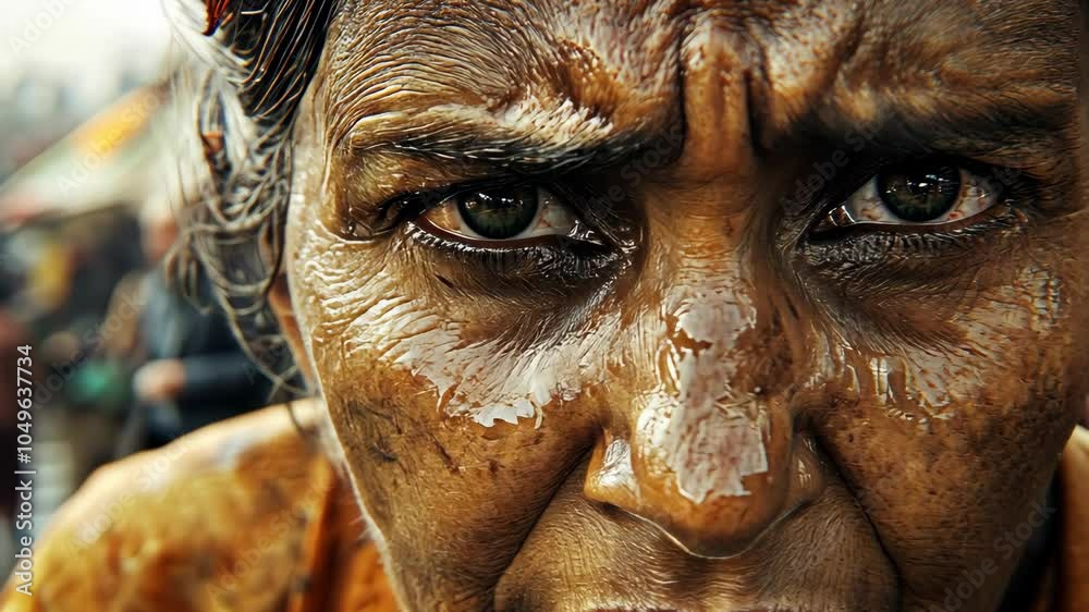 A close-up of a woman's face, her eyes intense and her skin covered in sweat, captured in a moment of determination A close-up of a woman's face, her eyes intense and her skin covered in sweat, captured in a moment of determination
