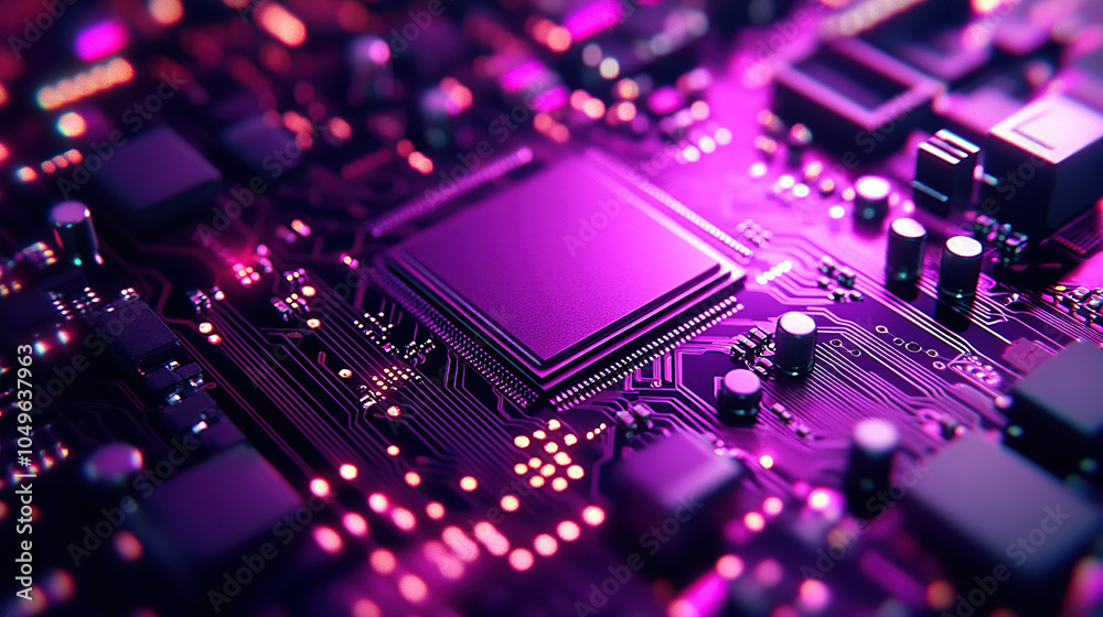 Obraz premium Close-up of a glowing microchip on a circuit board, with a chip in the middle