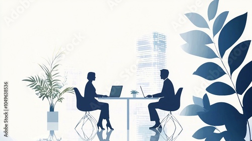 Modern Business Workspace with Silhouetted Figures and Lush Plant Decor