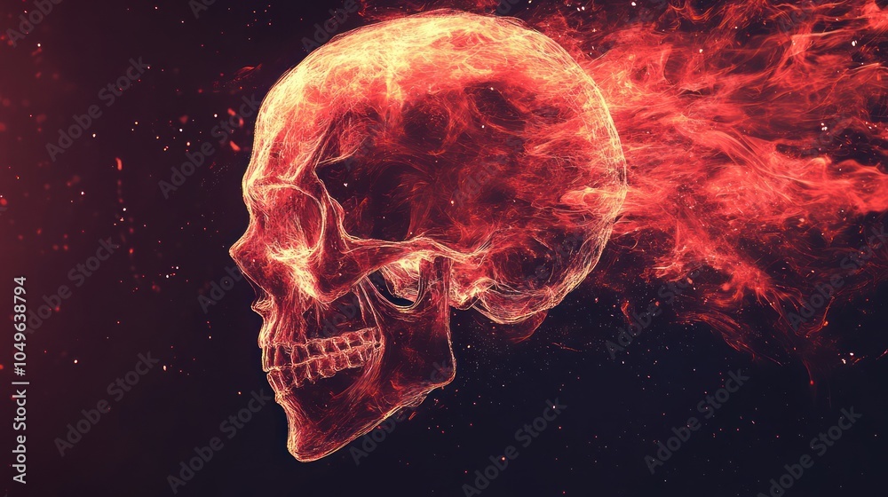 digital art red skull in flame, black background with copy space digital art red skull in flame, black background with copy space