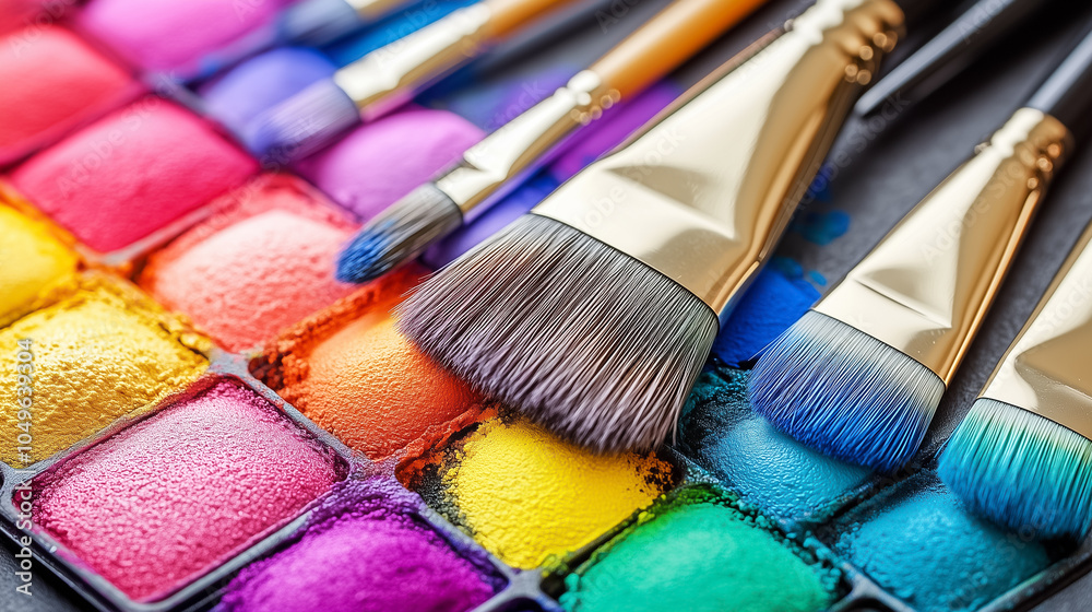 Fototapeta premium An array of artist brushes displayed over a colorful palette, showcasing their vivid hues and textures