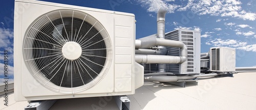 Close-up view of an industrial air conditioning system on a rooftop, showcasing the fan and metal piping against a clear blue sky.