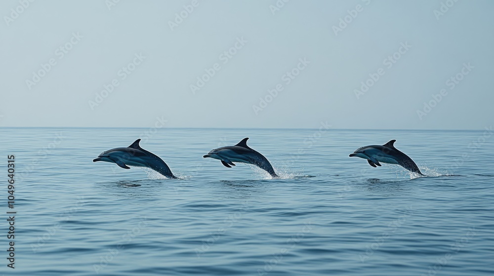 Fototapeta premium Three dolphins leap joyfully out of the blue ocean, creating a playful and vibrant scene of nature beauty and marine life.