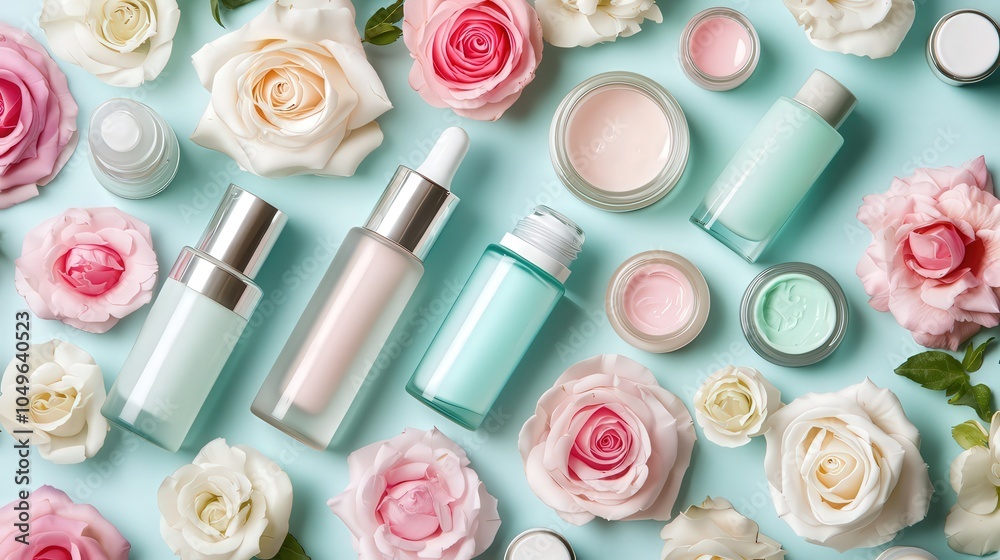 Delicate Roses and Skincare Products Creating a Beautiful Aesthetic Display Delicate Roses and Skincare Products Creating a Beautiful Aesthetic Display