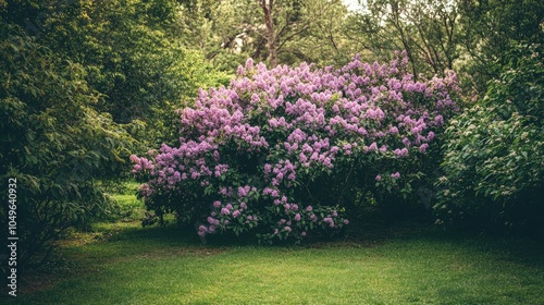 A lush lilac bush in full bloom outdoors, surrounded by greenery, with ample copy space for spring or nature-themed designs.