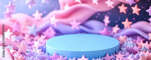 A circular babyblue podium, surrounded by pastel pink and purple stars, with soft galaxy waves behind it, babyblue podium, stars, gentle and magical photo