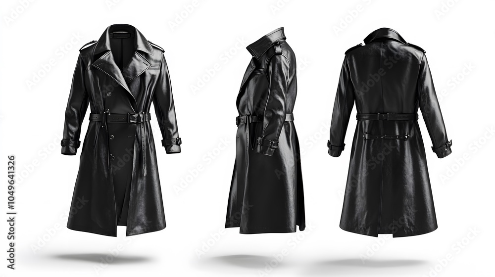 Elegant black leather trench coat displayed on white background Elegant black leather trench coat displayed on white background