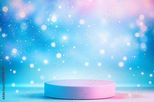 A soft gradient podium of pastel blue and pink, with a bright galaxy sky full of tiny stars in the background, gradient podium, galaxy sky, calm and uplifting