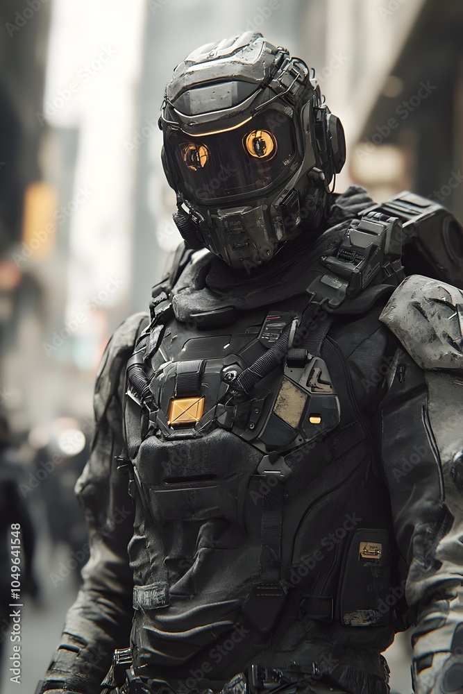 Futuristic Augmented Superhero Navigates Dystopian Cityscape in Intricate Exosuit Design Futuristic Augmented Superhero Navigates Dystopian Cityscape in Intricate Exosuit Design