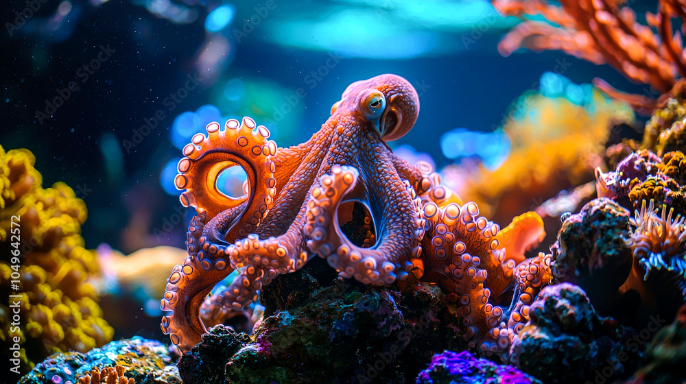 Obraz premium A vibrant octopus with orange and blue hues rests on a coral reef.