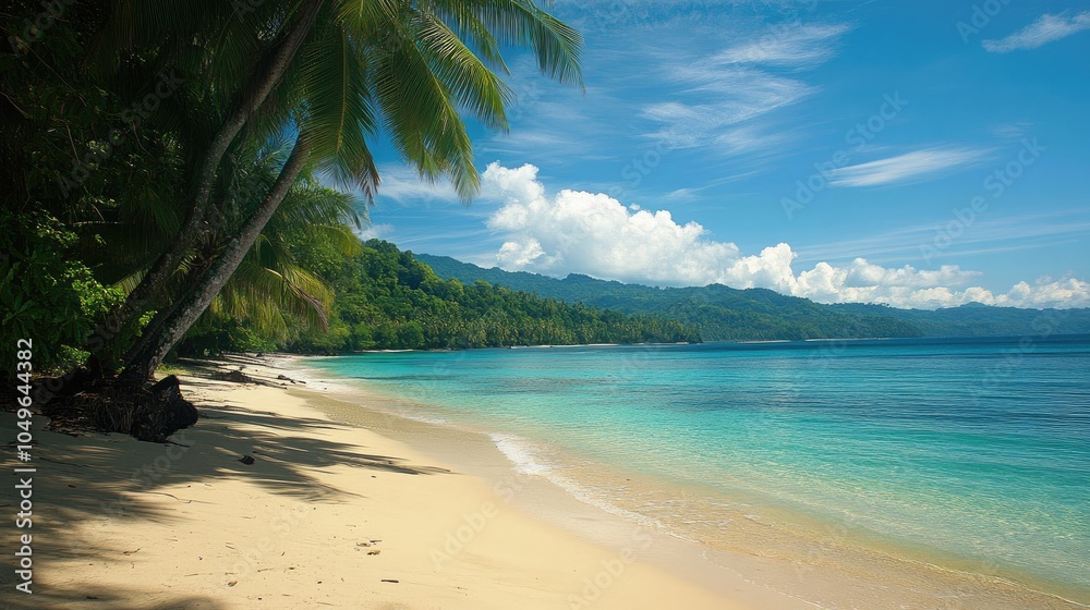 A pristine beach with turquoise waters under a bright sky, perfect for travel businesses and tropical paradise promotions A pristine beach with turquoise waters under a bright sky, perfect for travel businesses and tropical paradise promotions