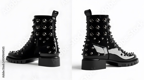 Trendy black studded ankle boots with glossy finish and chunky heel design photo