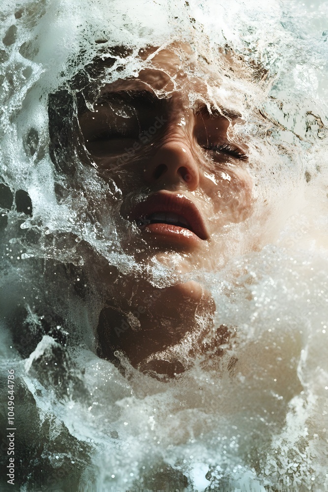 Fototapeta premium Furistic Depiction of an Individual Struggling against Turbulent Waves in the Overwhelming Sea