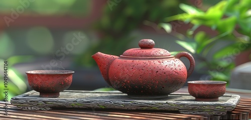 Elegant traditional tea ceremony featuring pu erh tea, red clay utensils, and serene greenery photo