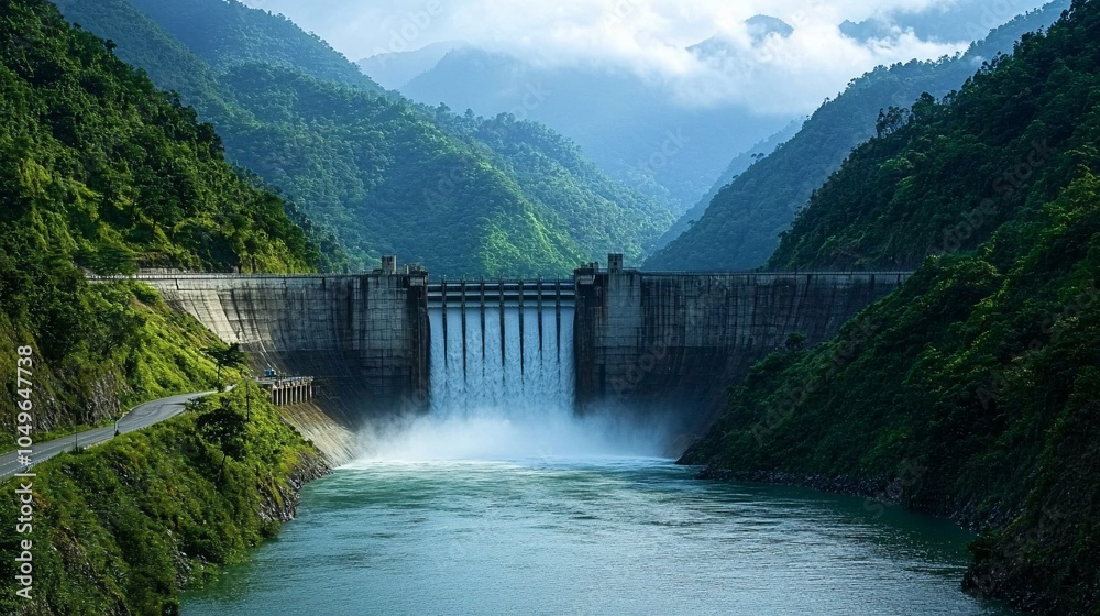 A stunning view of a dam surrounded by lush green mountains, with water cascading down, reflecting a serene atmosphere under a clear blue sky. A stunning view of a dam surrounded by lush green mountains, with water cascading down, reflecting a serene atmosphere under a clear blue sky.