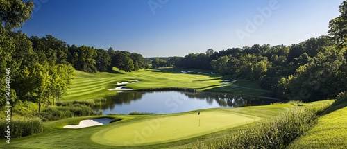 A serene golf course landscape featuring lush green fairways and a tranquil pond under a clear blue sky.
