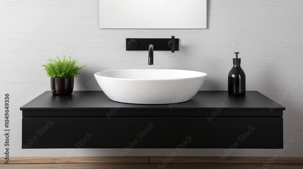 Fototapeta premium Modern bathroom design featuring a sleek sink, stylish fixtures, and minimalist decor
