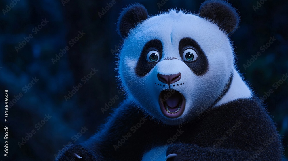 A surprised panda with wide eyes, showcasing an adorable expression in a playful natural setting. A surprised panda with wide eyes, showcasing an adorable expression in a playful natural setting.