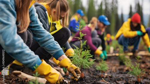 volunteers planting trees in a burnt forest area, helping with the reforestation process after a wildfire photo