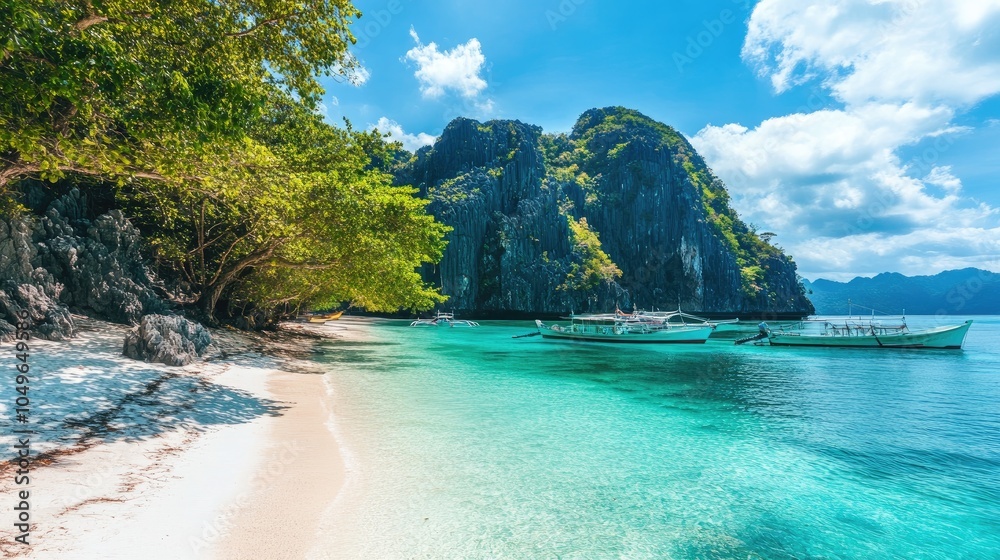 Obraz premium Tranquil beach with clear turquoise waters, perfect for travel businesses and tropical vacation promotions
