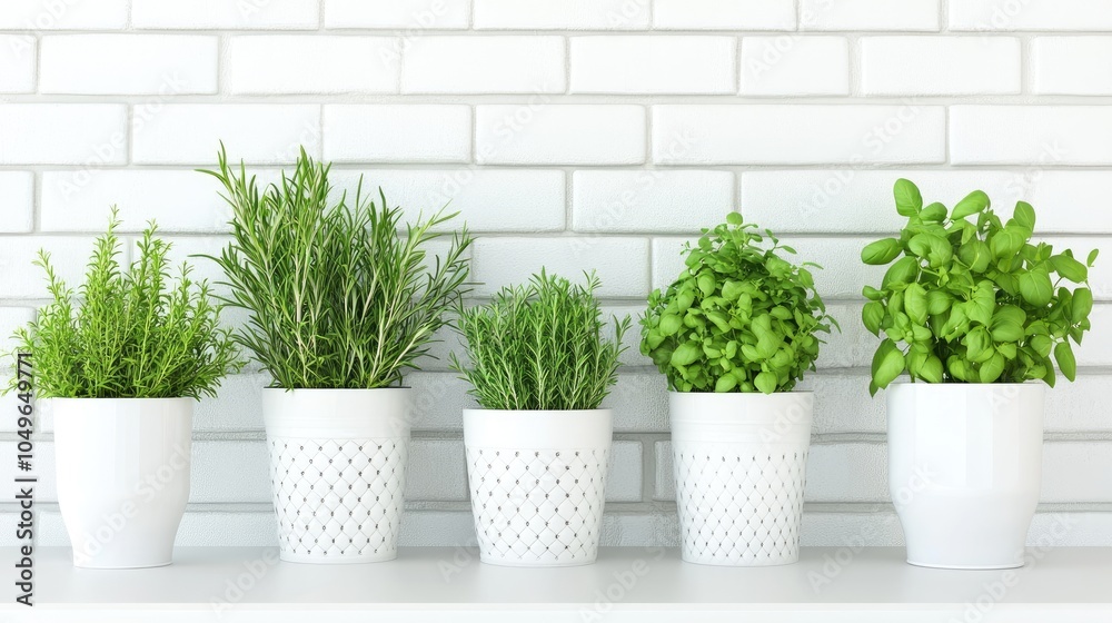 Fresh Green Plants in White Pots on Brick Wall Fresh Green Plants in White Pots on Brick Wall