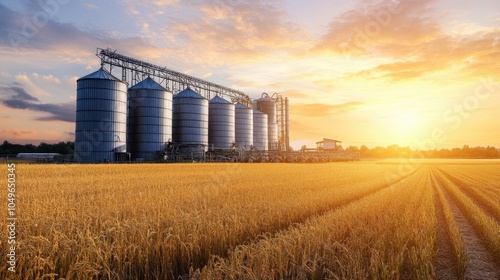 Precision feeding solutions on livestock farm with cows consuming mixed rations beside advanced machinery surrounded by open field under golden sunset