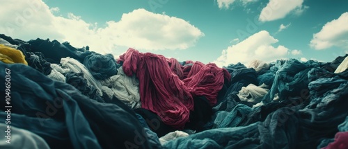 Heaps of discarded fabrics portray unsustainable fashion practices, raising awareness about the need for mindful consumption