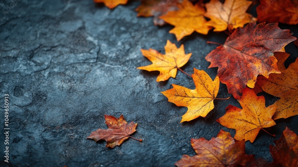 Autumn leaves scattered on a textured stone surface, showcasing vibrant oranges and reds under soft natural light Autumn leaves scattered on a textured stone surface, showcasing vibrant oranges and reds under soft natural light